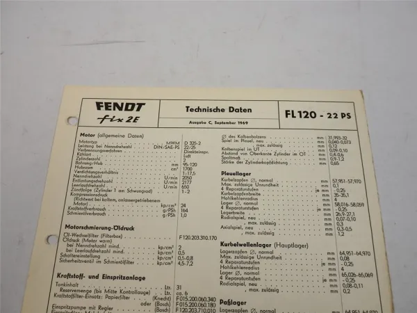 Fendt Fix 2 E FL 120 22 PS Technische Daten Anzugswerte Datenblatt 1969