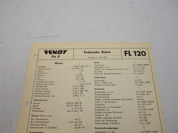 Fendt Fix 2 FL 120 Technische Daten Anzugswerte Datenblatt 1963