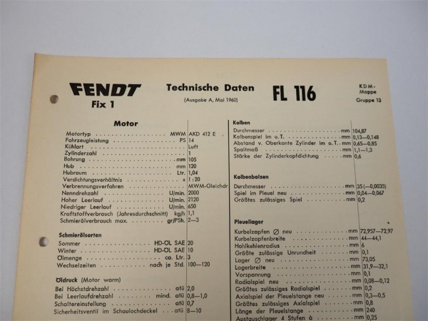 Fendt FL116 Fix1 Schlepper Technische Daten Anzugswerte Datenblatt 1960