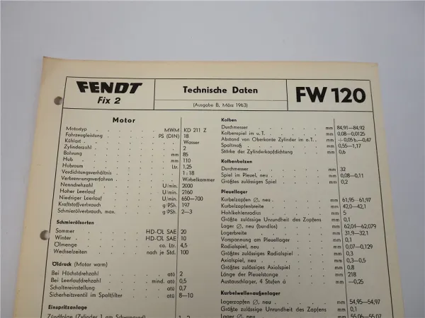 Fendt FW120 Fix2 Schlepper Technische Daten Datenblatt 1963