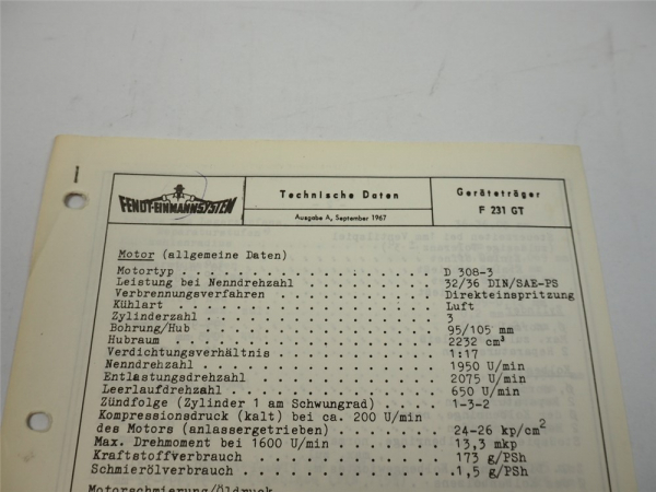 Fendt Geräteträger F 231 GT Technische Daten Anzugswerte Datenblatt 1967