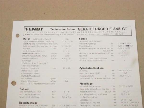 Fendt Geräteträger F 345 GT Werkstatt Einstellwerte Technische Daten 1987