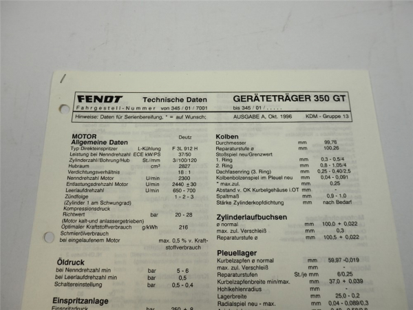 Fendt Geräteträger F 350 GT Technische Daten Anzugswerte Datenblatt 1996