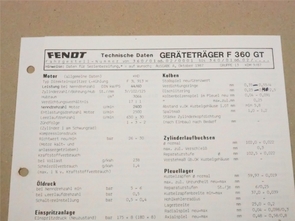 Fendt Geräteträger F 360 GT Werkstatt Einstellwerte Technische Daten 1987