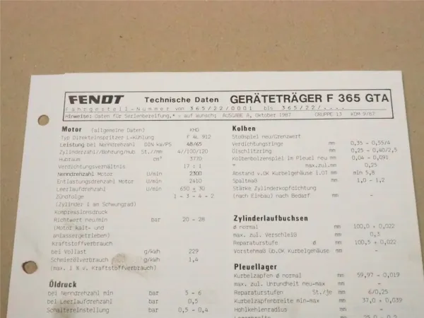 Fendt Geräteträger F 365 GTA Werkstatt Einstellwerte Technische Daten 1987