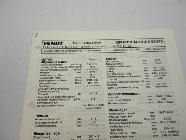 Fendt Geräteträger F 370 GT GTA Technische Daten Anzugswerte Datenblatt 1996