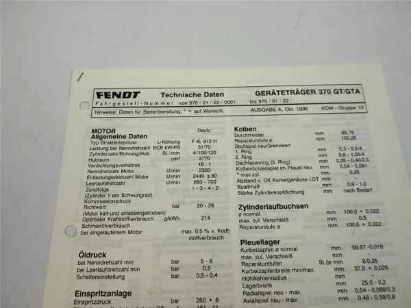 Fendt Geräteträger F 370 GT GTA Technische Daten Anzugswerte Datenblatt 1996