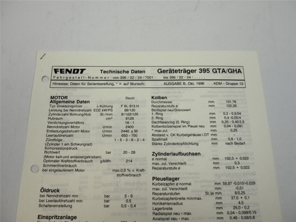 Fendt Geräteträger F 395 GTA GHA Technische Daten Anzugswerte Datenblatt 1996