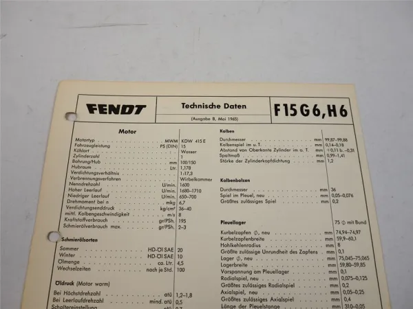 Fendt Geräteträger F15 G6 H6 Technische Daten Anzugswerte Datenblatt 1965