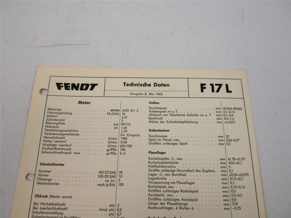 Fendt Geräteträger F17 L Technische Daten Anzugswerte Datenblatt 1965