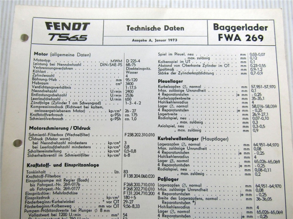 Fendt TS 65 FWA 269 Baggerlader Technisches Datenblatt Anzugswerte 1973