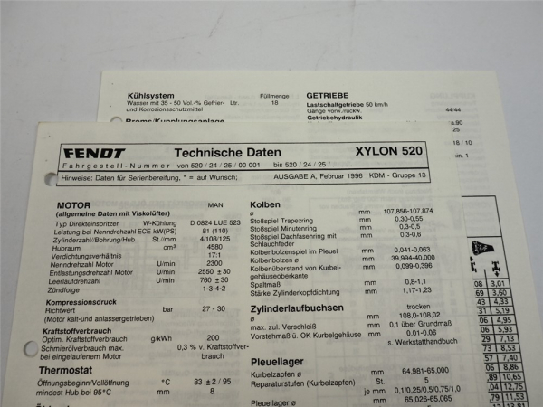 Fendt Xylon 520 Werkstatt Datenblatt 1996 Anzugswerte Technische Daten