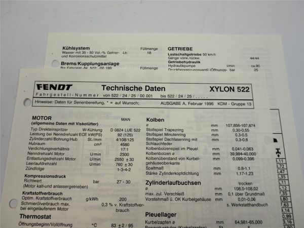 Fendt Xylon 522 Werkstatt Datenblatt 1996 Anzugswerte Technische Daten