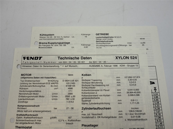 Fendt Xylon 524 Werkstatt Datenblatt 1996 Anzugswerte Technische Daten