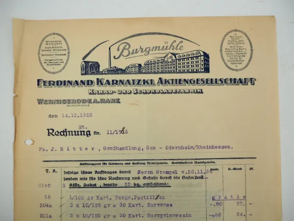 Ferdinand Karnatzki AG Schokoladenfabrik Wernigerode Burgmühle Rechnung 1926