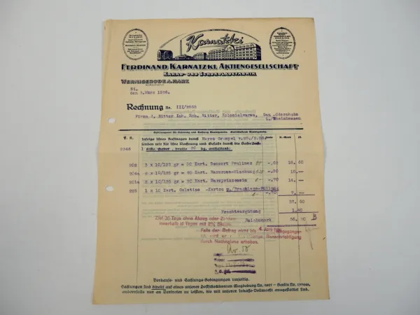 Ferdinand Karnatzki AG Schokoladenfabrik Wernigerode Burgmühle Rechnung 1926