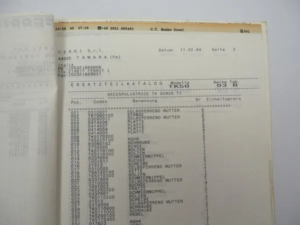 Ferri TK50 Serie 3 Böschungsmäher Betriebsanleitung Ersatzteilliste 1994/95