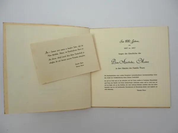 Festschrift 100 Jahre Pfau Apotheke Mainz Familie Thurn 1957