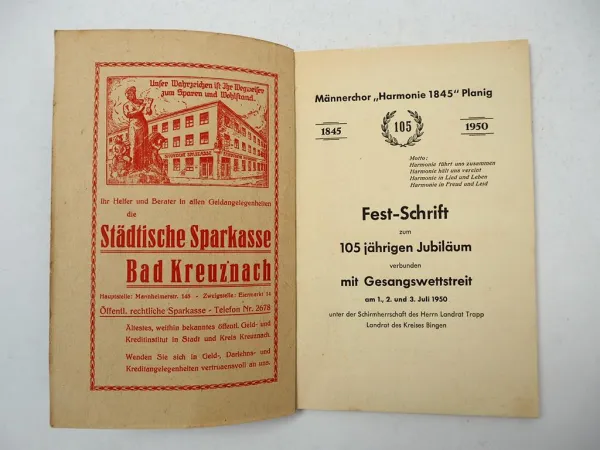 Festschrift 105 Jahre Männerchor Harmonie 1845 Planig Bad Kreuznach 1950