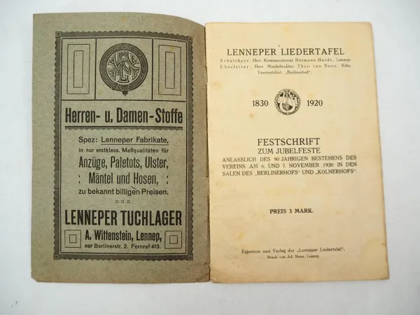 Festschrift 90 Jahre Lenneper Liedertafel Gesangsverein Remscheid 1920
