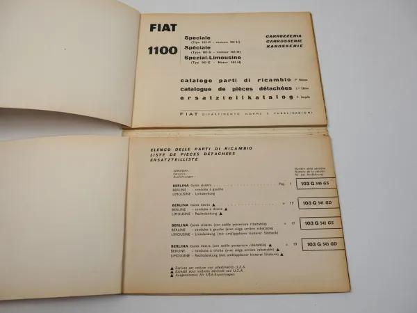 Fiat 1100 Special 103 Karosserie Ersatzteilliste Catalogo parti ricambio 10/1962