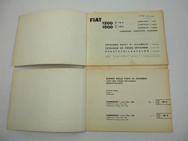 Fiat 1200 1500 Cabriolet Karosserie Ersatzteilliste Catalogo parti ricambio 1961