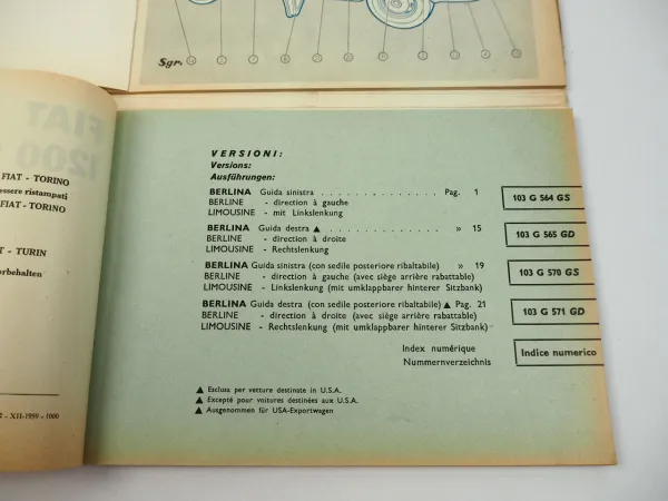Fiat 1200 Granluce 103G Karosserie Ersatzteilliste Catalogo parti ricambio 1959