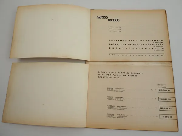 Fiat 1300 1500 Karosserie Ersatzteilliste Catalogo parti di ricambio 9.1962