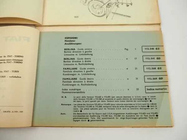 Fiat 1800 Karosserie Ersatzteilliste Catalogo parti di ricambio 1959