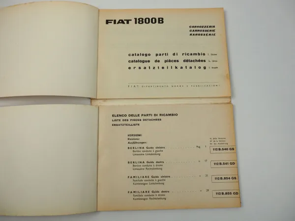 Fiat 1800B 112B PKW 2x Ersatzteilliste Catalogo parti di ricambio 1963/65
