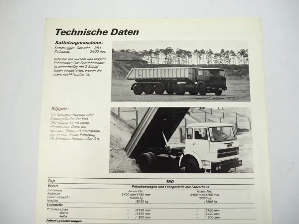 Fiat 190 LKW Pritschenwagen Kipper Sattelzugmaschine Prospekt 1970er Jahre
