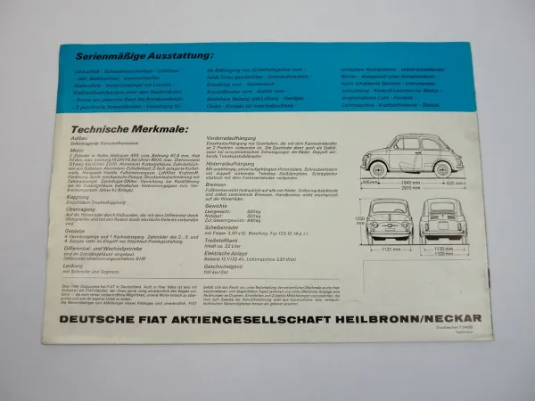 Fiat 500F PKW Prospekt mit technischen Daten 1969