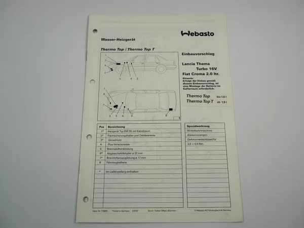 Fiat Croma 2.0ltr Lancia Thema Einbauanleitung Webasto Thermo Top T BW50 Heizung