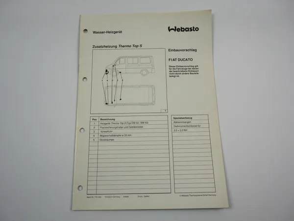 Fiat Ducato II Typ 230 Einbauanleitung Webasto Thermo Top S DW/BW50 Heizung