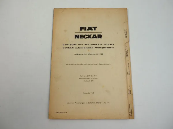 Fiat Neckar Werkstätten Händler Kundendienst Verzeichnis 1968