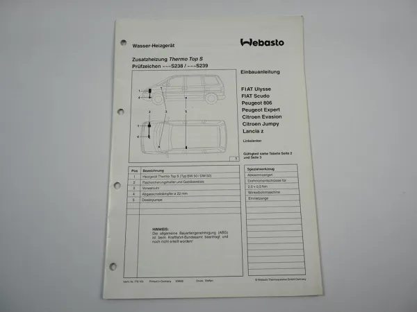 Fiat Scudo Peugeot Citroen Lancia Einbauanleitung Webasto Top S BW/DW50 Heizung