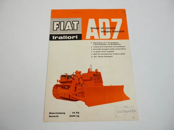 Fiat trattori AD7 Schlepper mit Planierschild Planierraupe Prospekt 1962