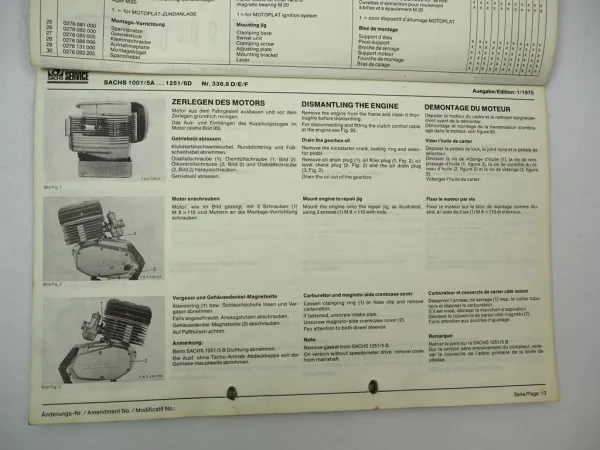 Fichtel Sachs 1001 1251 5A 5B 6A 6B 6C 6D Motor Werkstatthandbuch Reparatur 1975