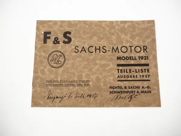 Fichtel Sachs Motor Modell 1931 für Motorrad 74 ccm Ersatzteilliste 1937