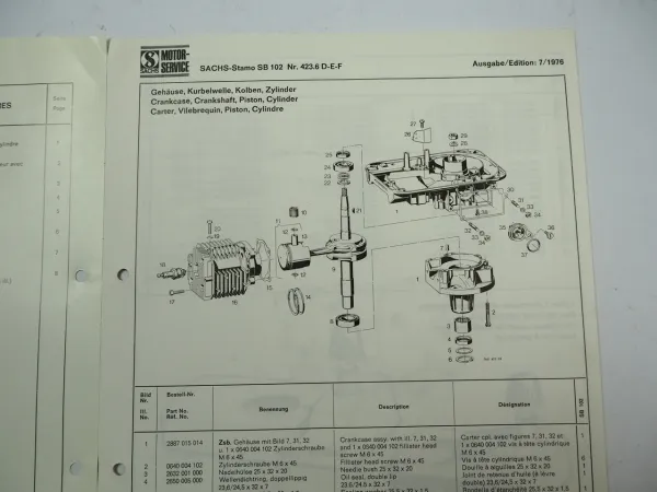 Fichtel Sachs Stamo SB 102 Rasenmäher Motor Ersatzteilliste 1976