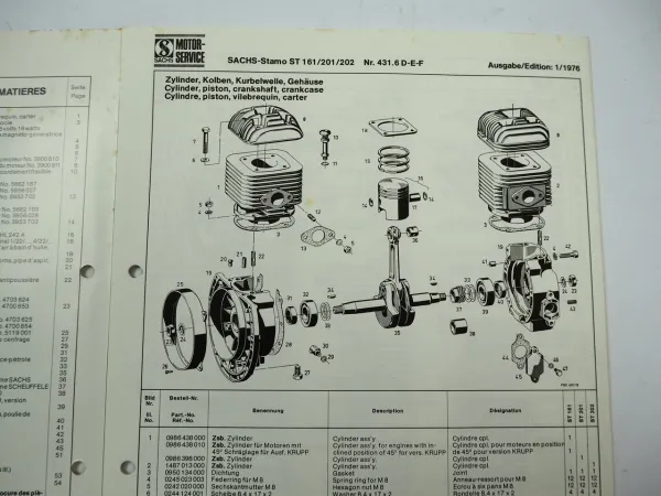 Fichtel Sachs Stamo ST 161 201 202 Motor Ersatzteilliste Parts List 1976