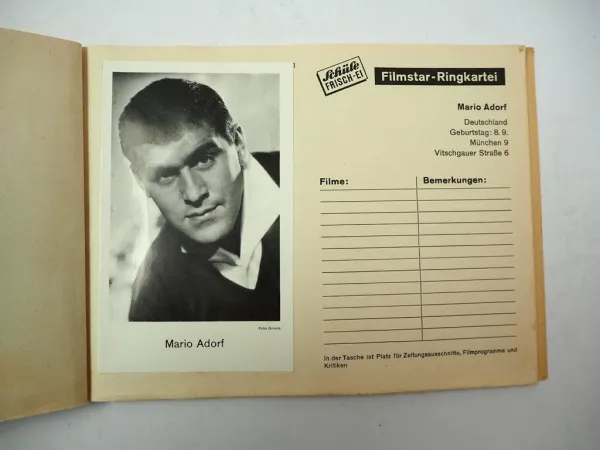 Filmstar Sammelfotos Ringkartei ca. 1960 Schüle Frischei Sammelalbum