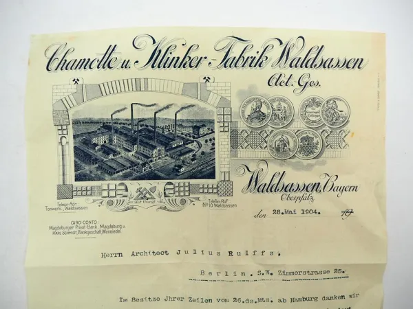 Firmenbrief Chamotte u. Klinker Fabrik Waldsassen AG 1904 Bayern Oberpfalz
