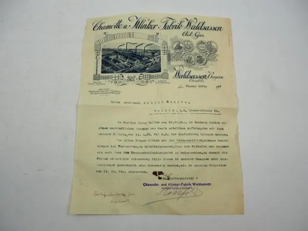 Firmenbrief Chamotte u. Klinker Fabrik Waldsassen AG 1904 Bayern Oberpfalz