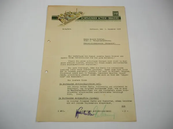 Firmenbrief DAB Dortmunder Actien Brauerei 1936 Dortmund