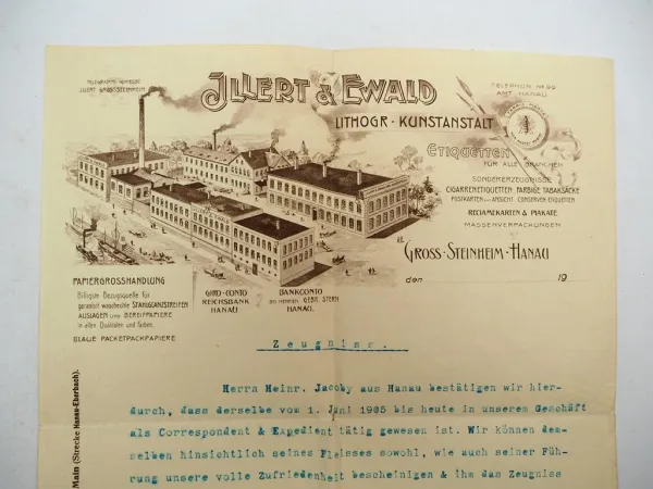 Firmenbrief Illert & Ewald Lithograph. Kunstanstalt Gross Steinheim Hanau 1906