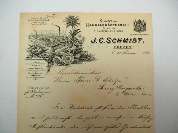 Firmenbrief J. C. Schmidt Erfurt Gärtnerei Blumenschmidt 1892