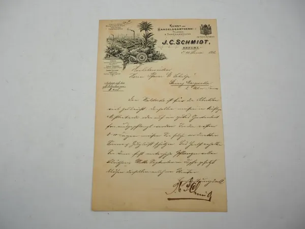 Firmenbrief J. C. Schmidt Erfurt Gärtnerei Blumenschmidt 1892