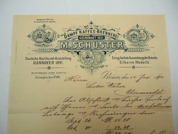 Firmenbrief M. Schuster Dampf Kaffee Brennerei Bonn 14.01.1901