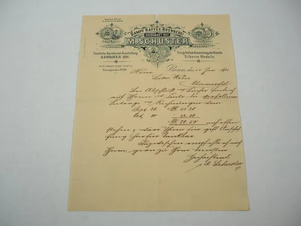 Firmenbrief M. Schuster Dampf Kaffee Brennerei Bonn 14.01.1901